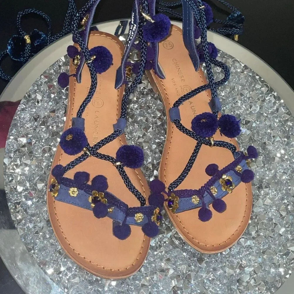 New Chinese laundry blue indigo suede pom Pom Portia gladiator sandals size 7.5